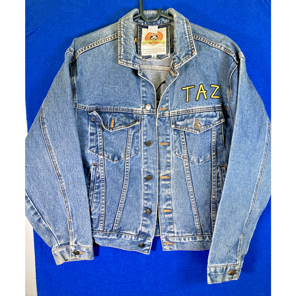 Vintage 90s Warner Bros Taz Looney Tunes Embroidered Denim Jacket Womens Small - Picture 13 of 16